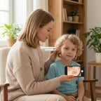 Woman using a smartphone app to check a child's ear temperature in a home setting.